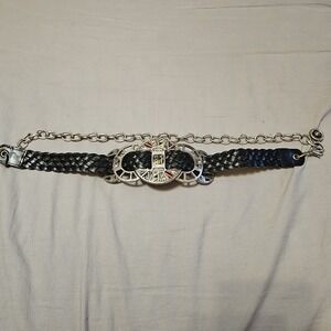 Chico's Black Leather Silver Braided Artistic Chain Link Belt Pre-owned
